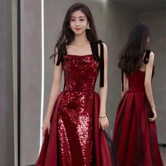 Elegant Wine / Burgundy Sequin Evening / Prom Dress with Satin Train